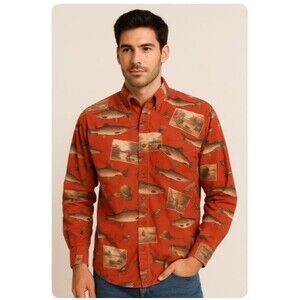 Clearwater Outfitters Fish Theme Shirt Vtg 100% Cotton Button Front Mens Size L